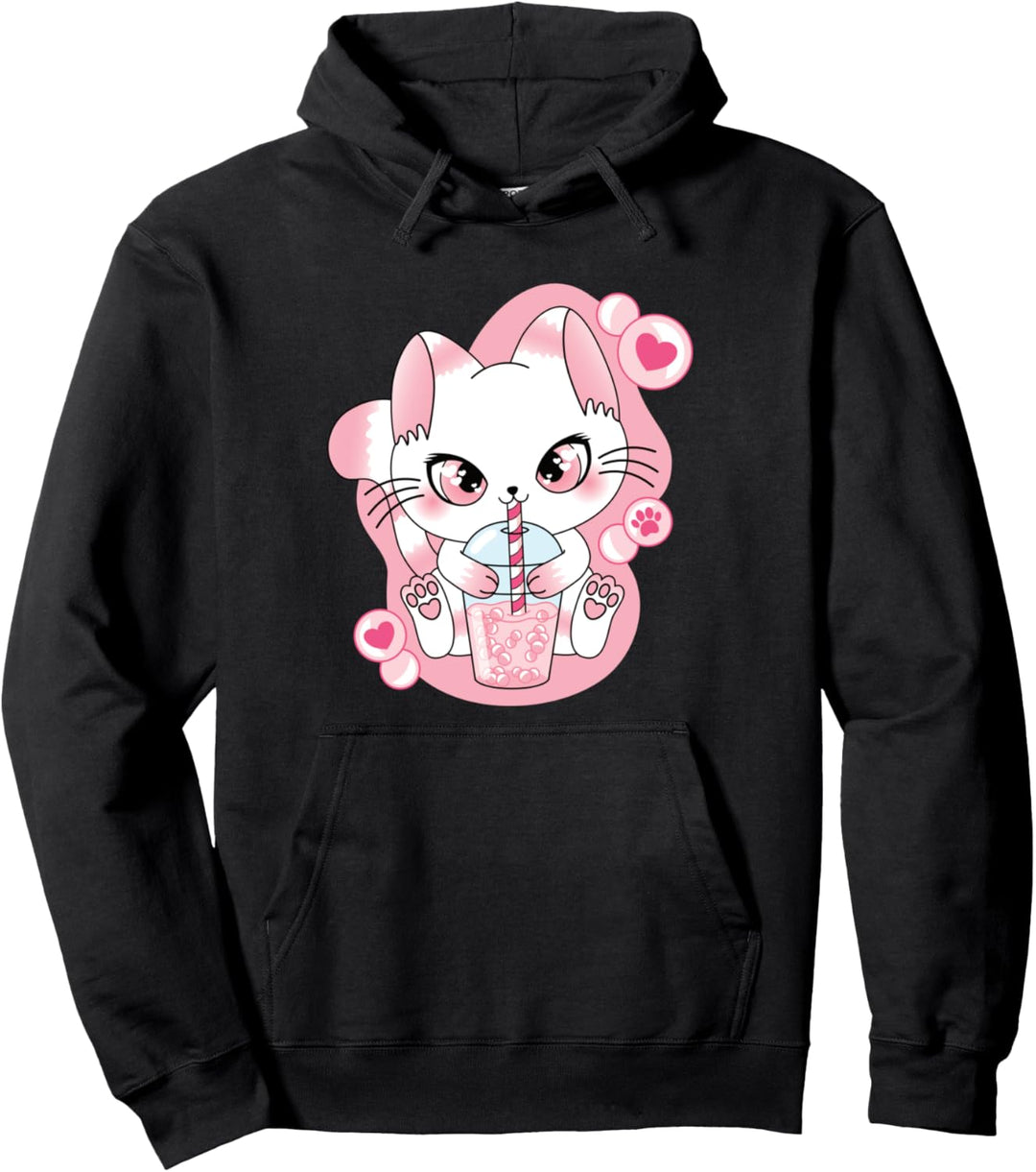 Süsse Rosa Japanische Anime Kawaii Bubble Tea Katze Boba Tea Pullover Hoodie