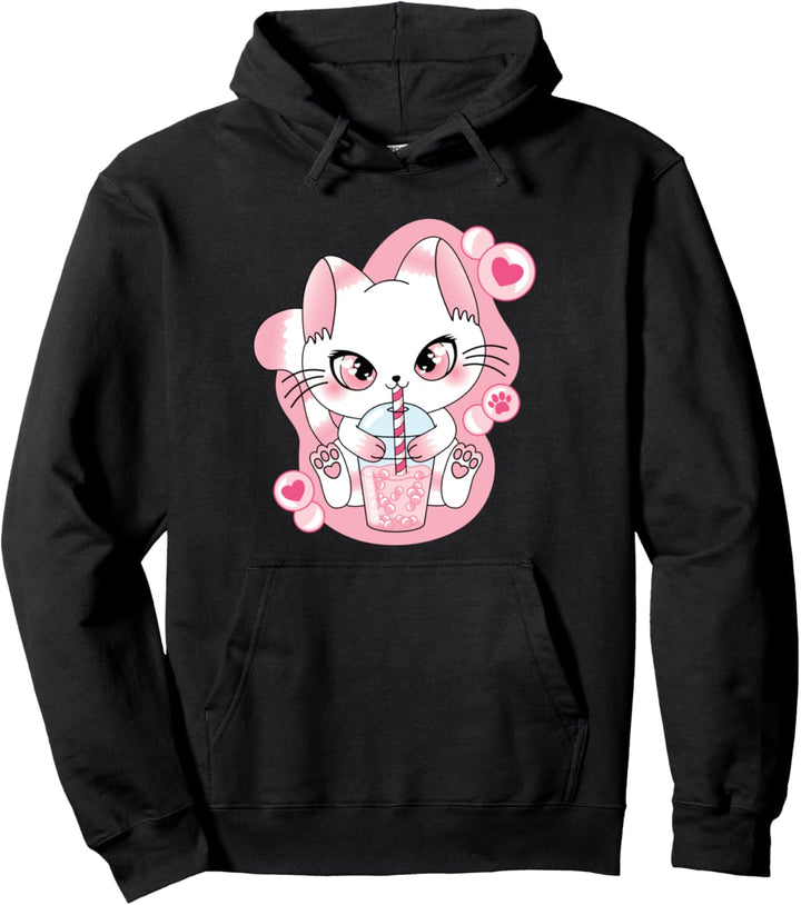 Süsse Rosa Japanische Anime Kawaii Bubble Tea Katze Boba Tea Pullover Hoodie