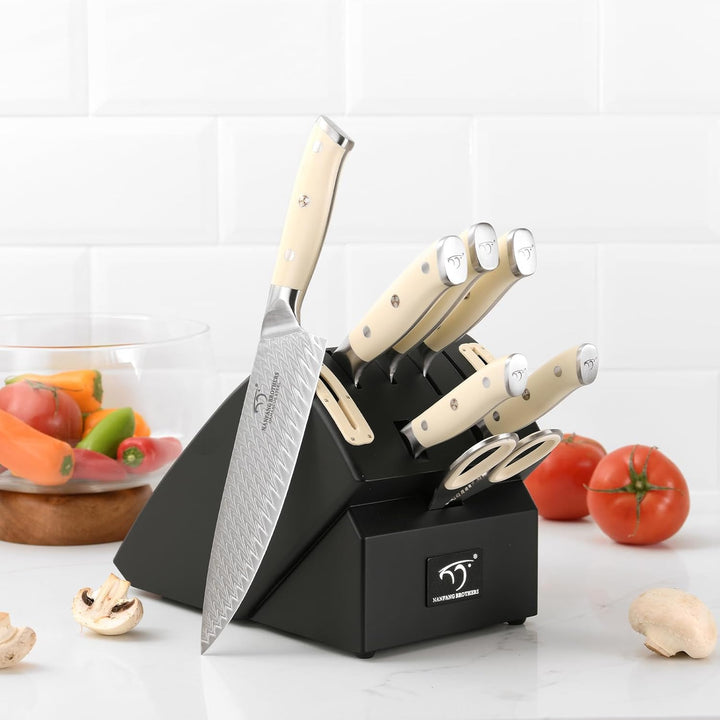 NANFANG BROTHERS Kochmesser Set 10 PCs Damaszener mit Block | VG 10-Kern Stahl, ABS Ergonomischer Gr
