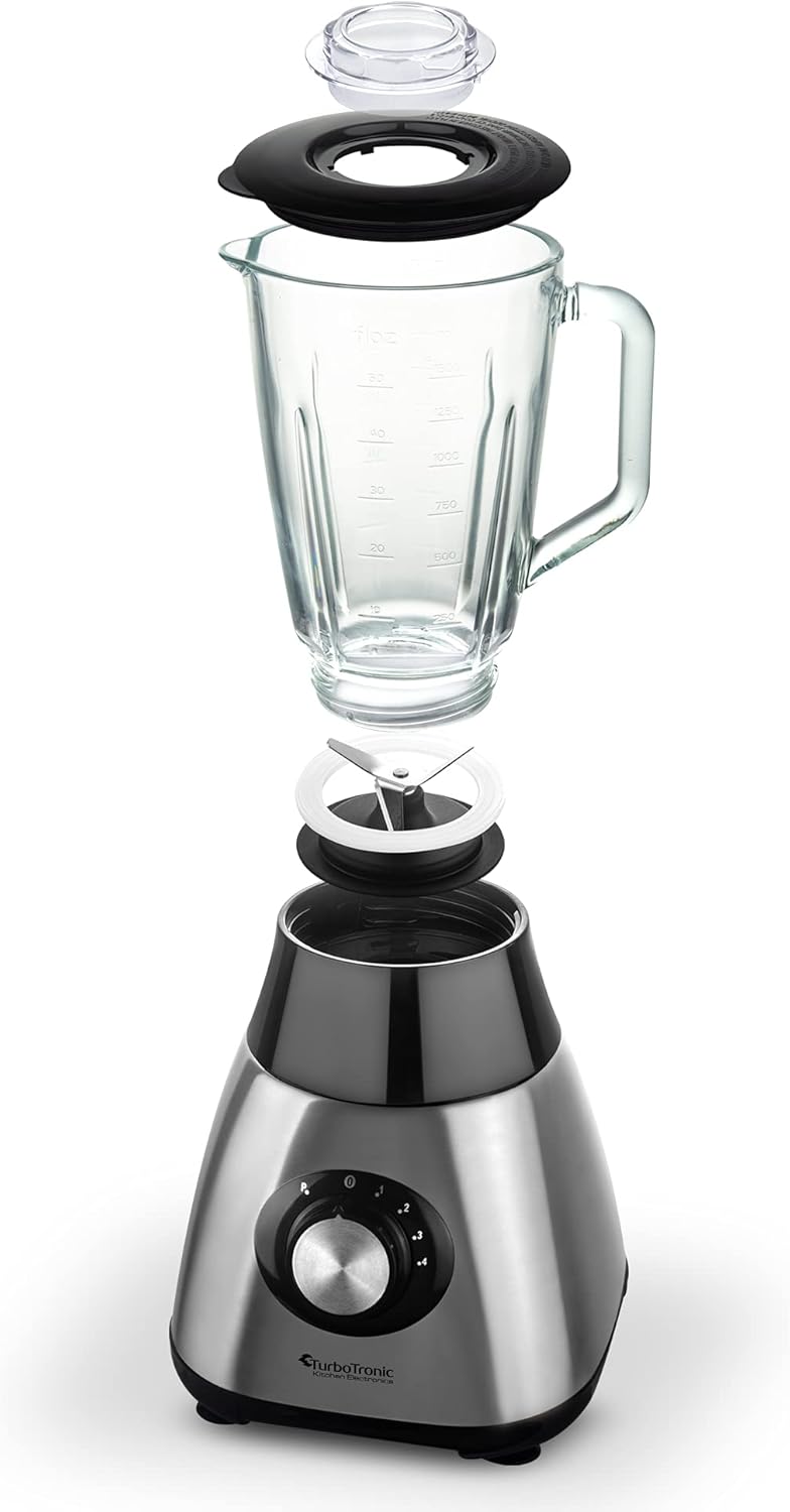 TurboTronic Standmixer mit 1,5L Glasbehälter 1200W Edelstahl silber, Smoothie Maker, Ice Crush Funkt