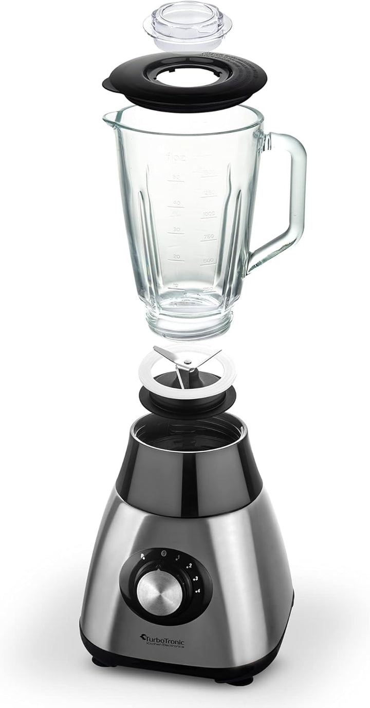 TurboTronic Standmixer mit 1,5L Glasbehälter 1200W Edelstahl silber, Smoothie Maker, Ice Crush Funkt