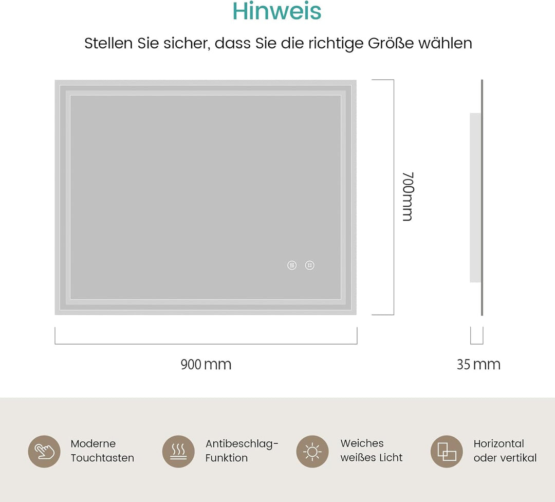 EMKE Badspiegel mit Beleuchtung 90x70cm, Badezimmerspiegel mit Touch, Antibeschlag, Kaltweiss Licht