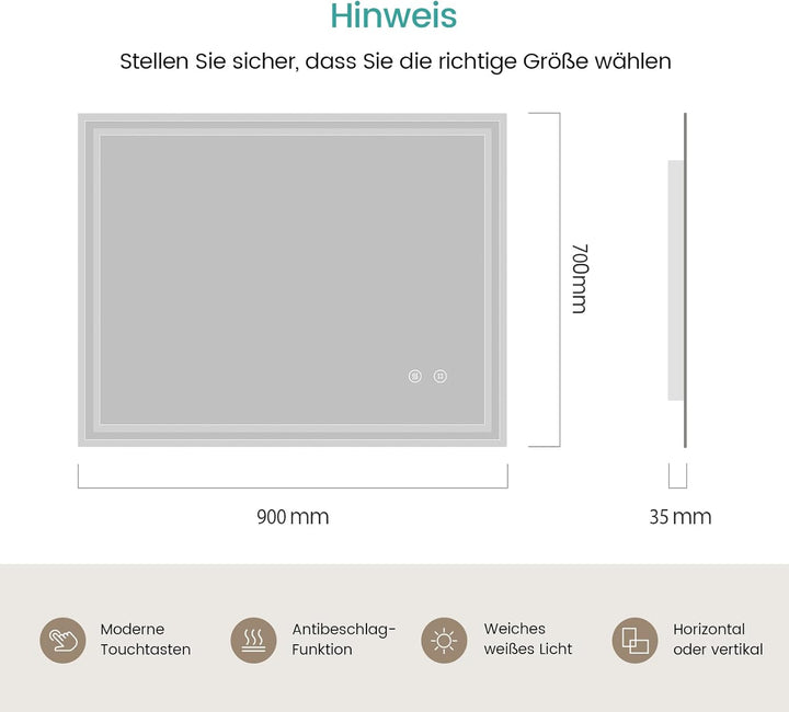 EMKE Badspiegel mit Beleuchtung 90x70cm, Badezimmerspiegel mit Touch, Antibeschlag, Kaltweiss Licht