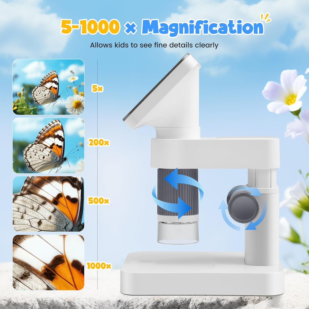 Digitales Mikroskop für Kinder 5-1000x, 4.5 Zoll IPS Bildschirm 1080P, Tragbares Handmikroskop mit 3