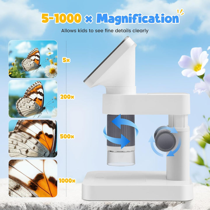 Microscope Numérique 4.5 Inch IPS, 5-1000X Microscope Portable Detachable Pour Enfants 1080P HD Avec