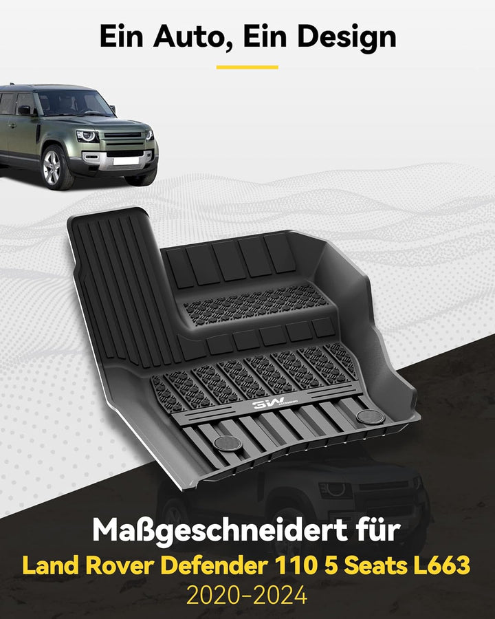3W für Land Rover Defender 110 5 Sitze L663 2020-2026 Fussmatten und Kofferraumwanne, TPE Allwetter