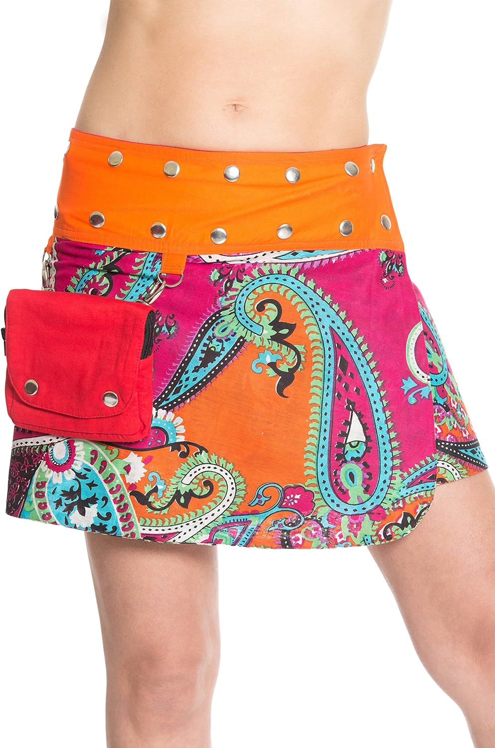 Damen Minirock aus Indien mit Tasche und 2 Mustern zum Wenden, Sommerrock kurz, Wenderock, Wickelroc