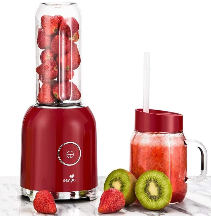 Senya Standmixer Smoothie mit 2 tragbaren Flaschen, Rot, Juicy Delight 250 W, 6 Klingen aus Edelstah