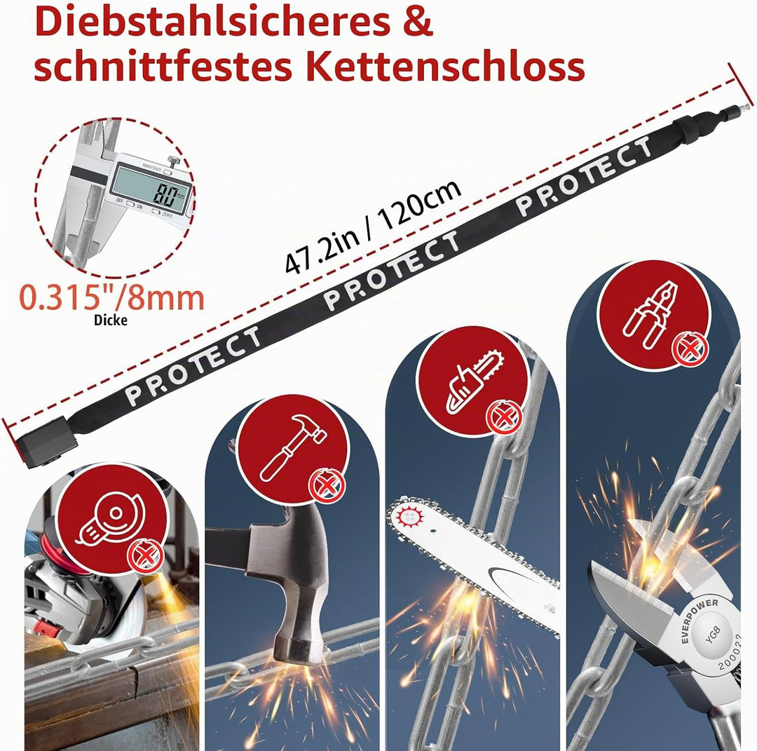BANGTING 120CM Fahrradschloss Hohe Sicherheit mit 110dB Alarm, Kettenschloss mit 3 Schlüsseln, Anti-