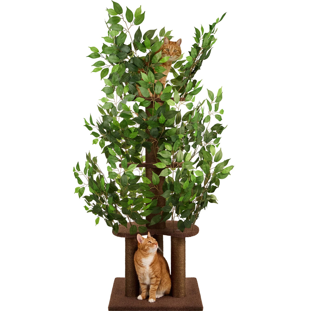 Kratzbaum mit Blättern – Stabiler & Platzsparender Katzenbaum – 4 kratzbare Ebenen & 3 Kratzsäulen –