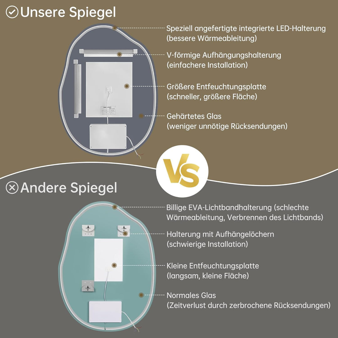 Spiegel mit Beleuchtung Asymmetrischer LED Badspiegel 60 x 80 cm mit Touch-Schalter, Dimmbar 3 Licht