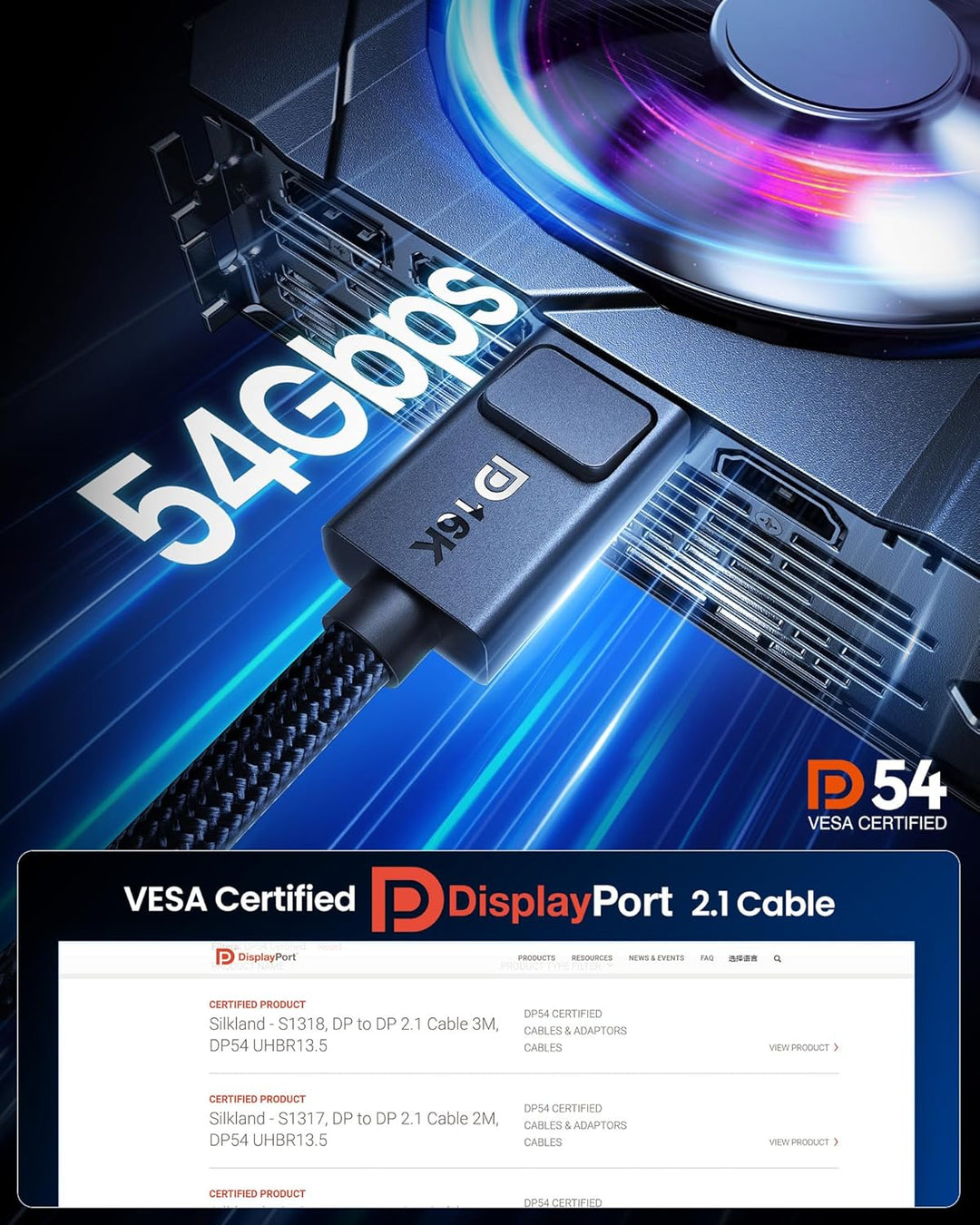 Silkland 54Gbps DisplayPort Kabel 2.1 3M [VESA-zertifiziert], 8K@165Hz 4K@500Hz/360Hz/240Hz DP 2.1 K