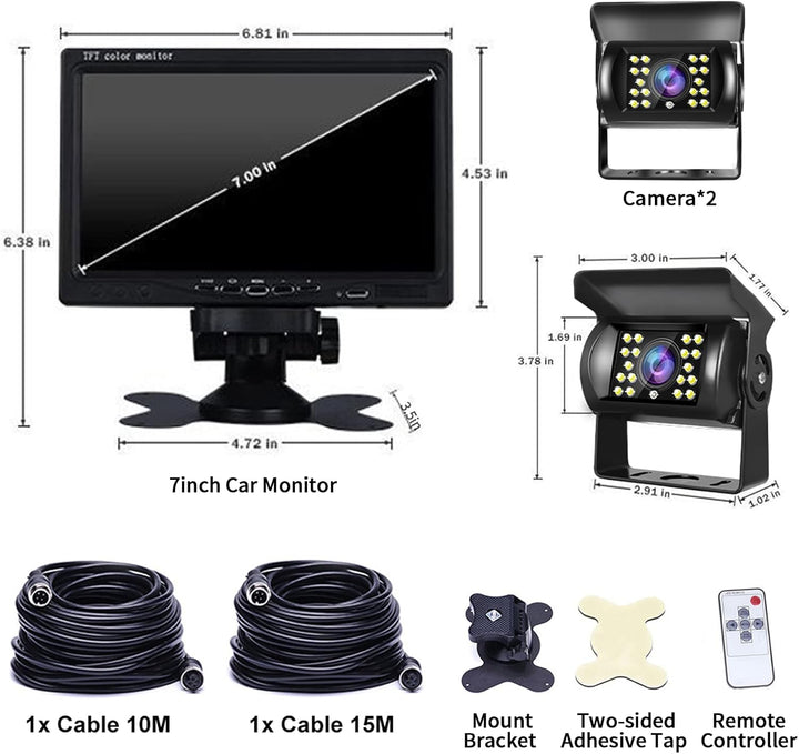 Hodozzy Rückfahrkamera Set mit 7 Zoll-LCD-Monitor &amp; Dual Backup Kamera, Wasserdicht, Nachtsicht, 2 K