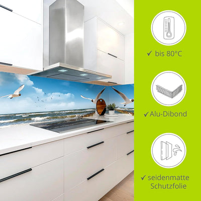 ARTland Spritzschutz Küche aus Alu für Herd Spüle 80x50 cm (BxH) Küchenrückwand mit Motiv Ostsee Str