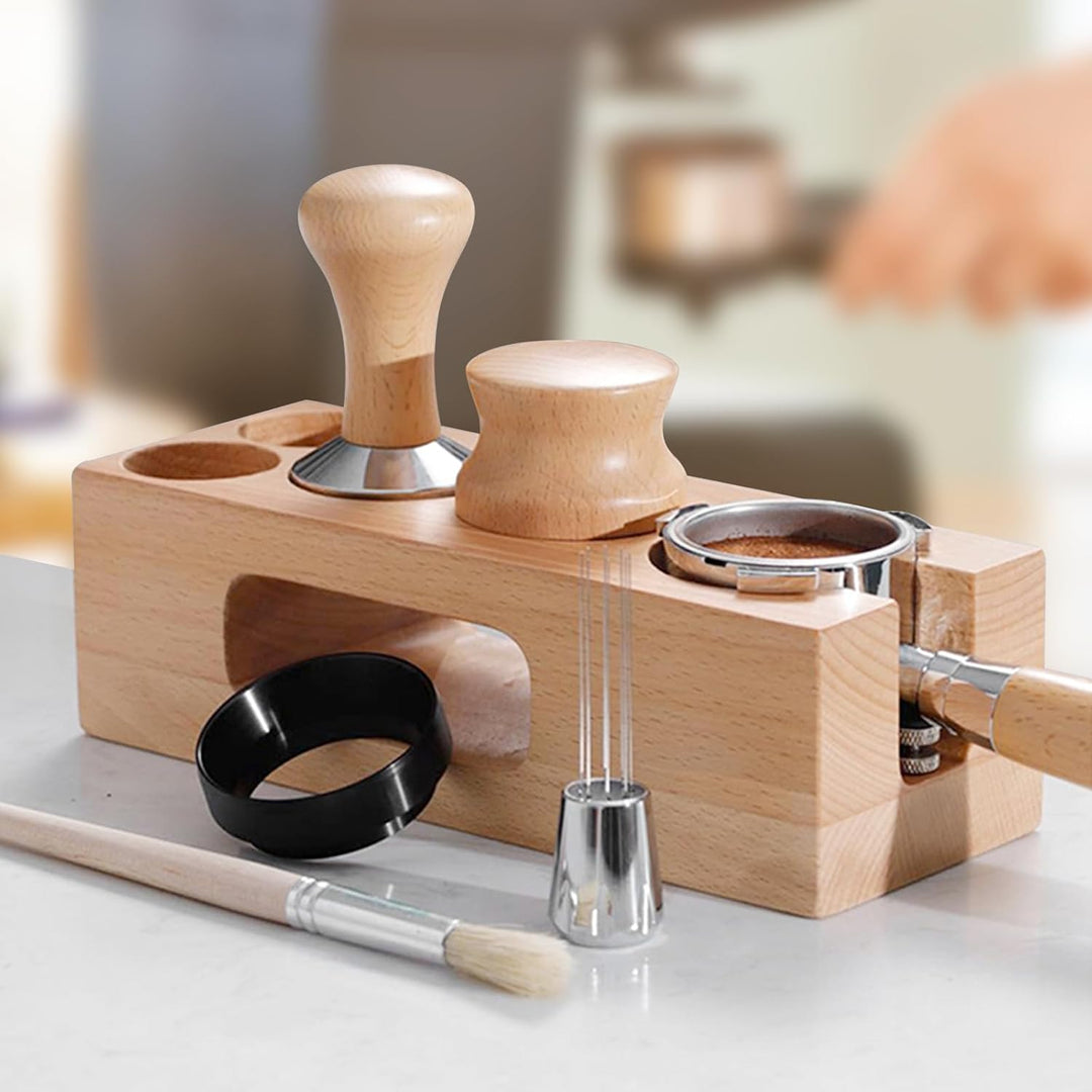 efuturetime Tamperstation 51-54mm Höhenverstellbar, Espresso Tamper Holder Station Holz, Coffee Tamp