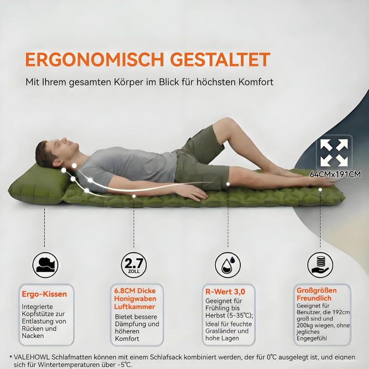 800g Ultraleichte Aufblasbare Isomatte für Camping – R-Wert 3,0 für 4 Jahreszeiten, Langlebige wasse