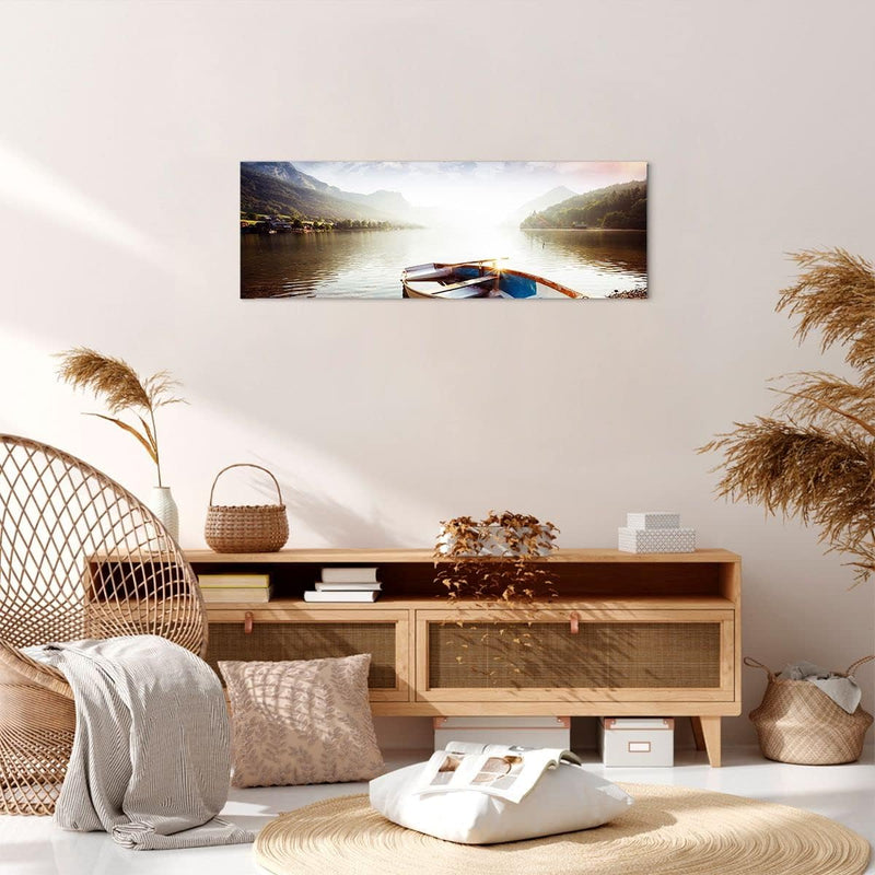 Panorama Bilder auf Leinwand Berge See Boot Leinwandbild mit Rahmen 90x30cm Wandbilder Dekoration Wo