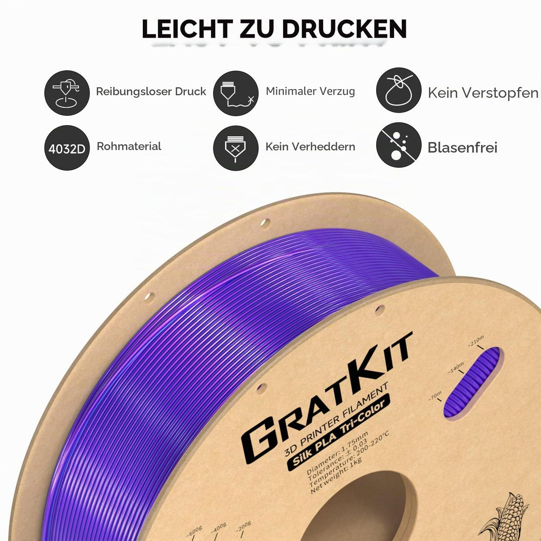 GratKit Tricolor Silk PLA Filament 1,75mm 1kg Spule, Seide Dreifarbiges 3D-Drucker Filament mit +/-0