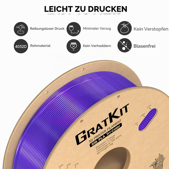 GratKit Tricolor Silk PLA Filament 1,75mm 1kg Spule, Seide Dreifarbiges 3D-Drucker Filament mit +/-0