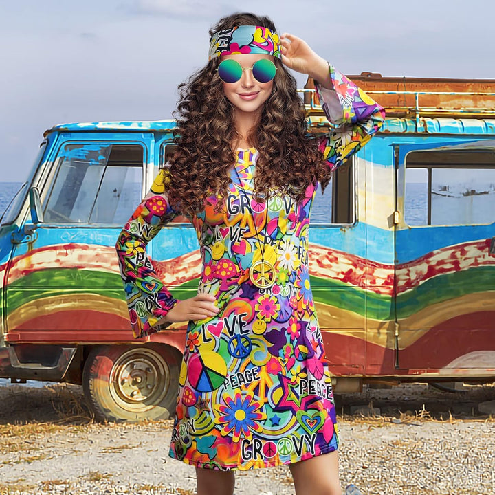 MRYUWB Damen-Hippie-Kleid, 1970er-Kostüm, mit Halskette, Ohrringen, Sonnenbrille, Disco-Outfit, 1960