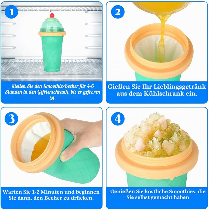 2er Set DIY Slush Becher, Silikon Squeeze Cup mit 2-in-1 Strohhalm und Löffel, Slush Eis Becher zum