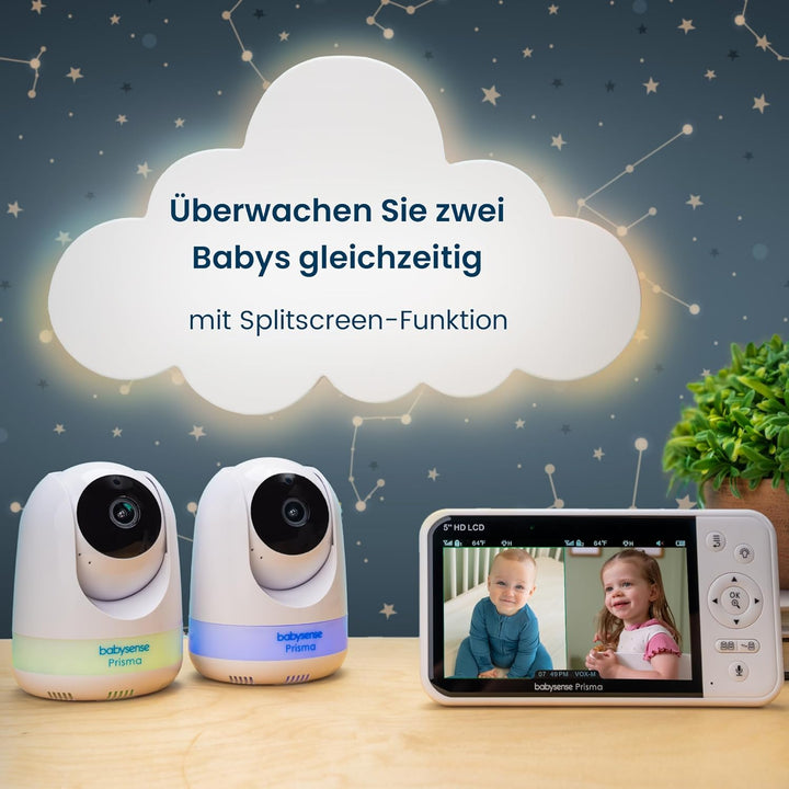 Babysense Prisma 5" HD-Video-Babyphone mit 2 Kameras und Audio, 6-Farben-Nachtlicht, geteiltem Bilds