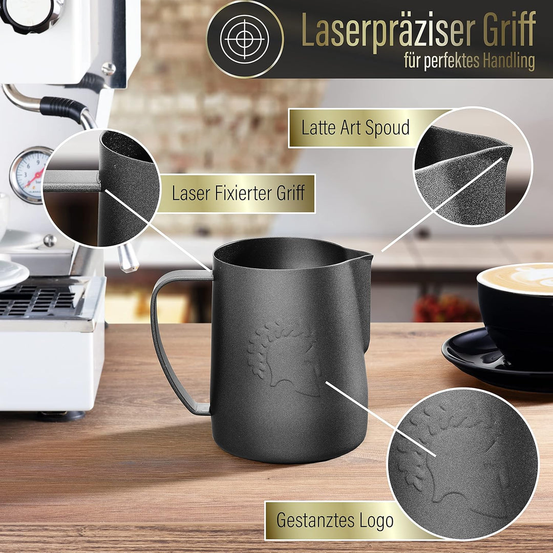 Barista Legends® Milchkännchen Edelstahl [600ml] ARES Schwarz- Barista Milchkännchen zum Milchaufsch