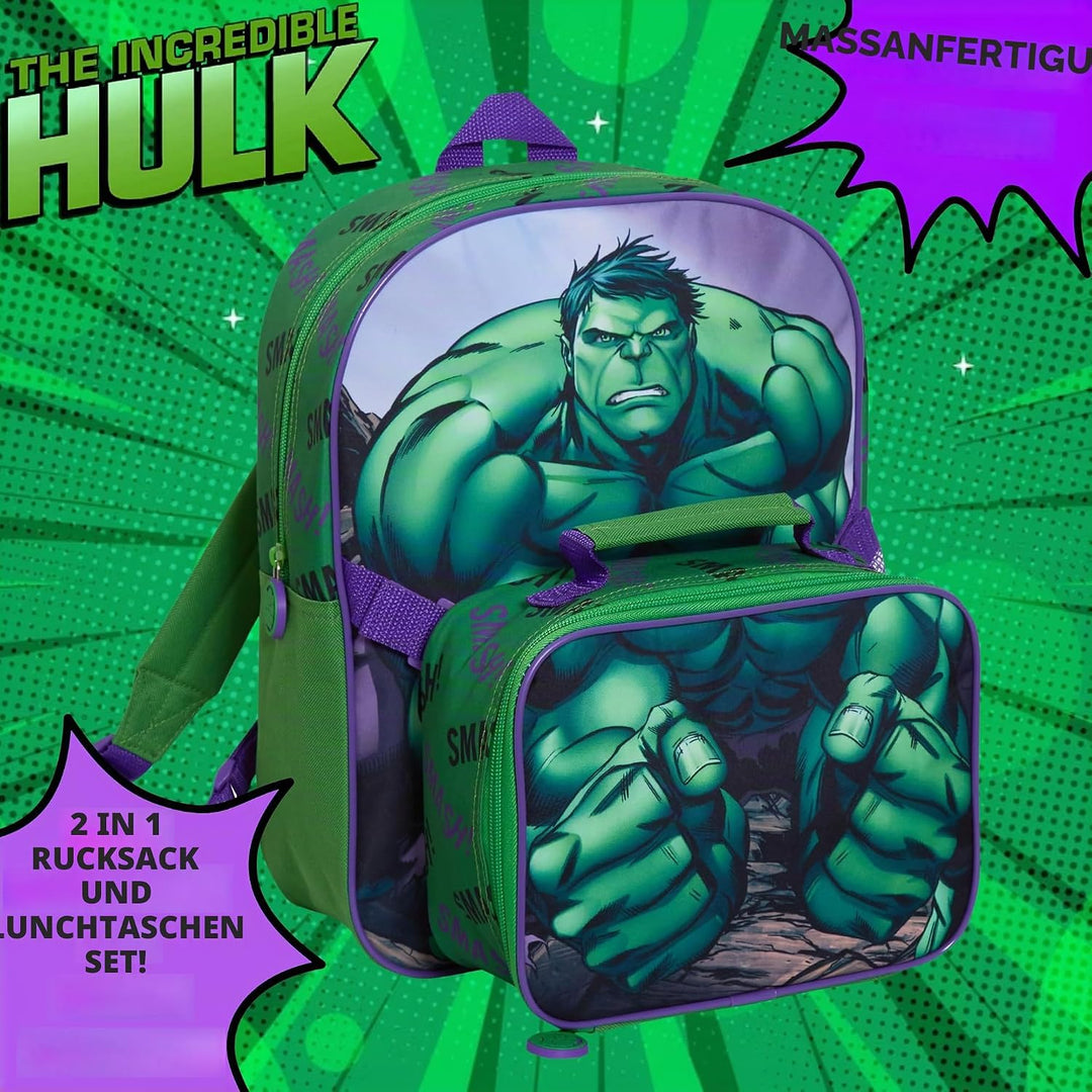 The Hulk Rucksack mit Lunchtasche für Kinder, Marvel Schultasche, 2-teilig, passendes isoliertes Lun