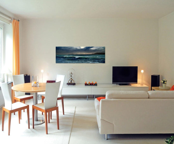 Paul Sinus Art Panoramabild auf Leinwand und Keilrahmen 150x50cm Meer Wellen Sturm Dunkelheit
