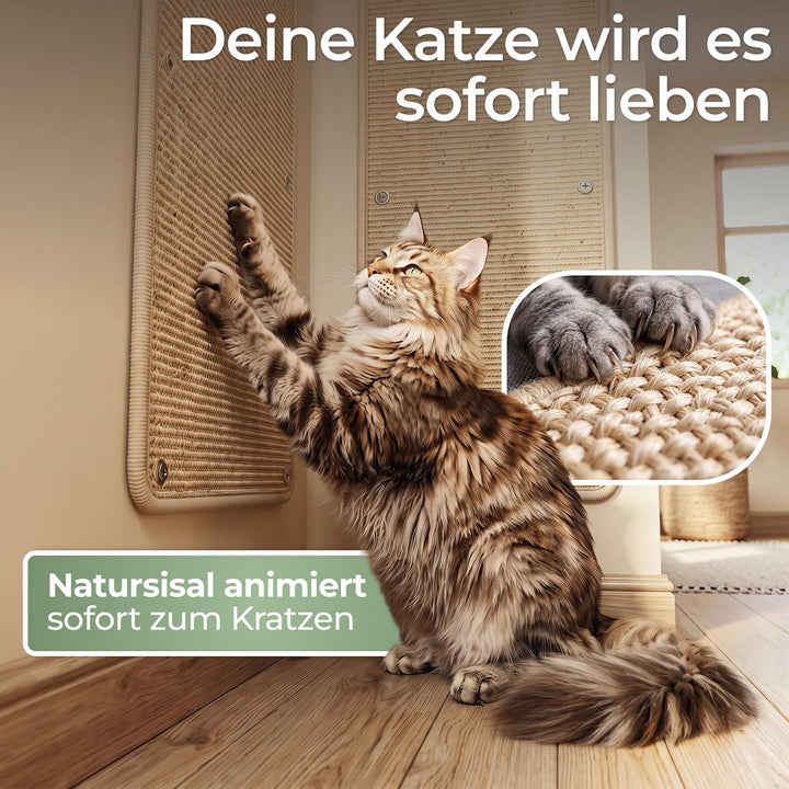 WOOWOOD Kratzmatte Katze für Wand 2er Set, 60x25 cm, Sisal, Beige-Natur | Sisal, 2er Set je 60x25 cm