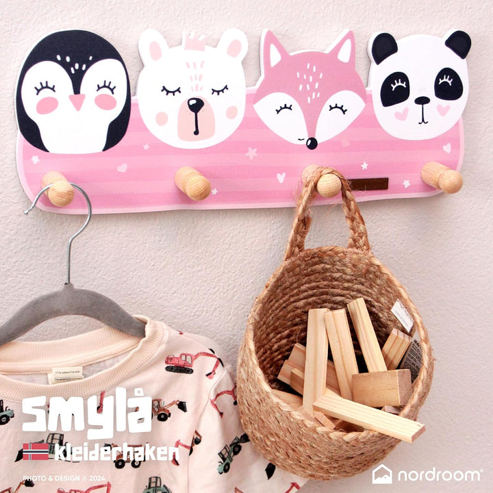 Kindergarderobe mit 4 Haken - Wandgarderobe mit Tiermotiven für Kinderzimmer Garderobenhaken aus Hol