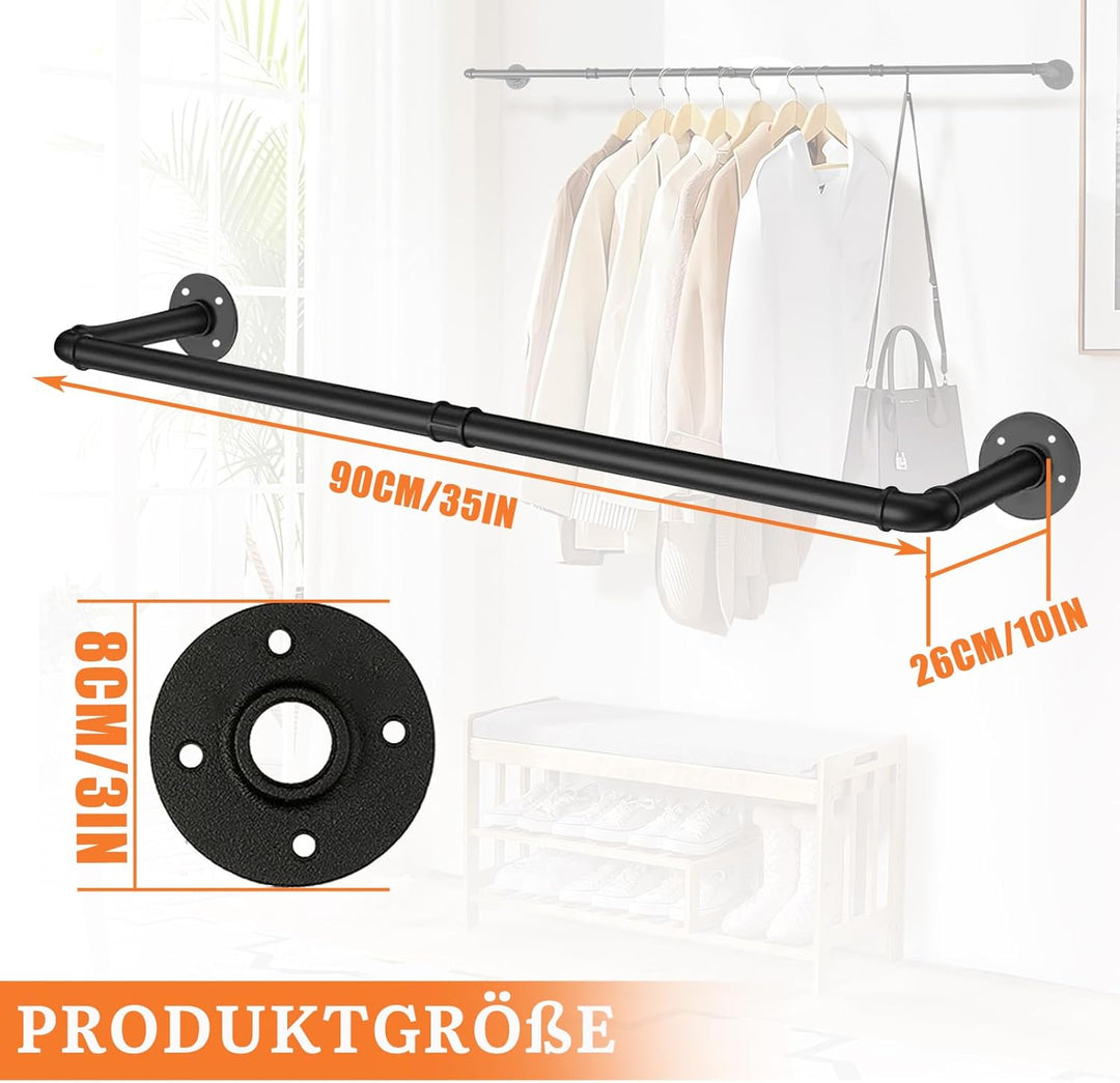 Industrierohr Kleiderstangen, 90cm Kleiderständer Wandmontage, Platzsparend Robuster Abnehmbare Retr