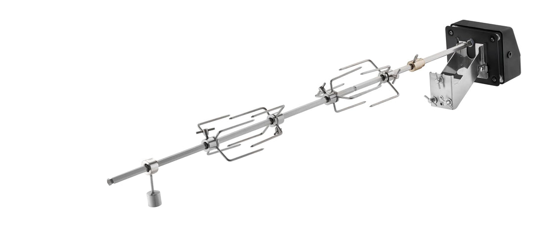 RÖSLE ALLFLAME Drehspiess, Rotisserie-Spiess für Grill, Edelstahl 6-Kant-Spiess bis 10 kg, Elektromo