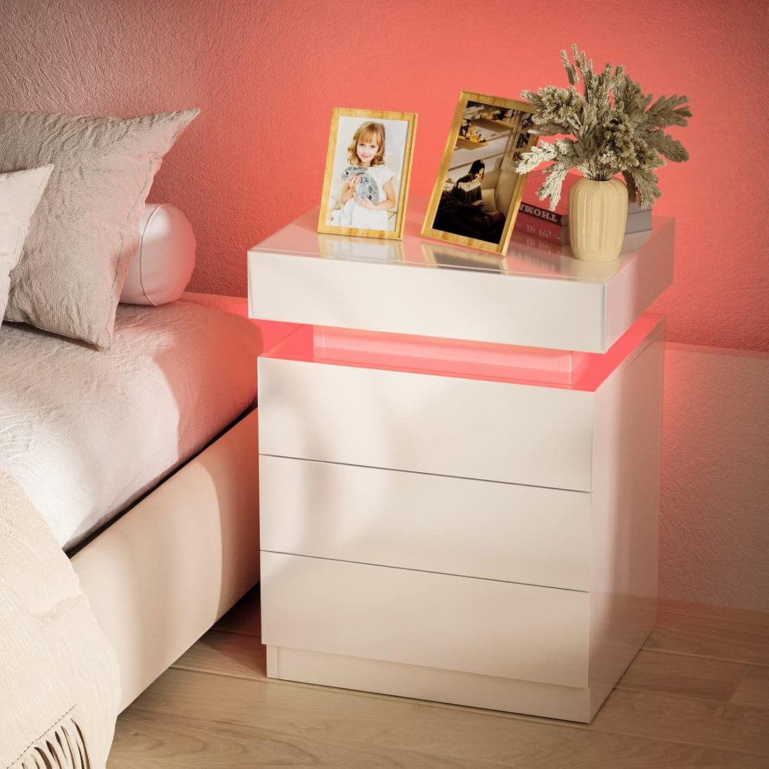 PIPIPOXER 2er Set Nachttisch mit LED Beleuchtung, Beistelltisch in weiss mit grossen Stauraum,Nachtt