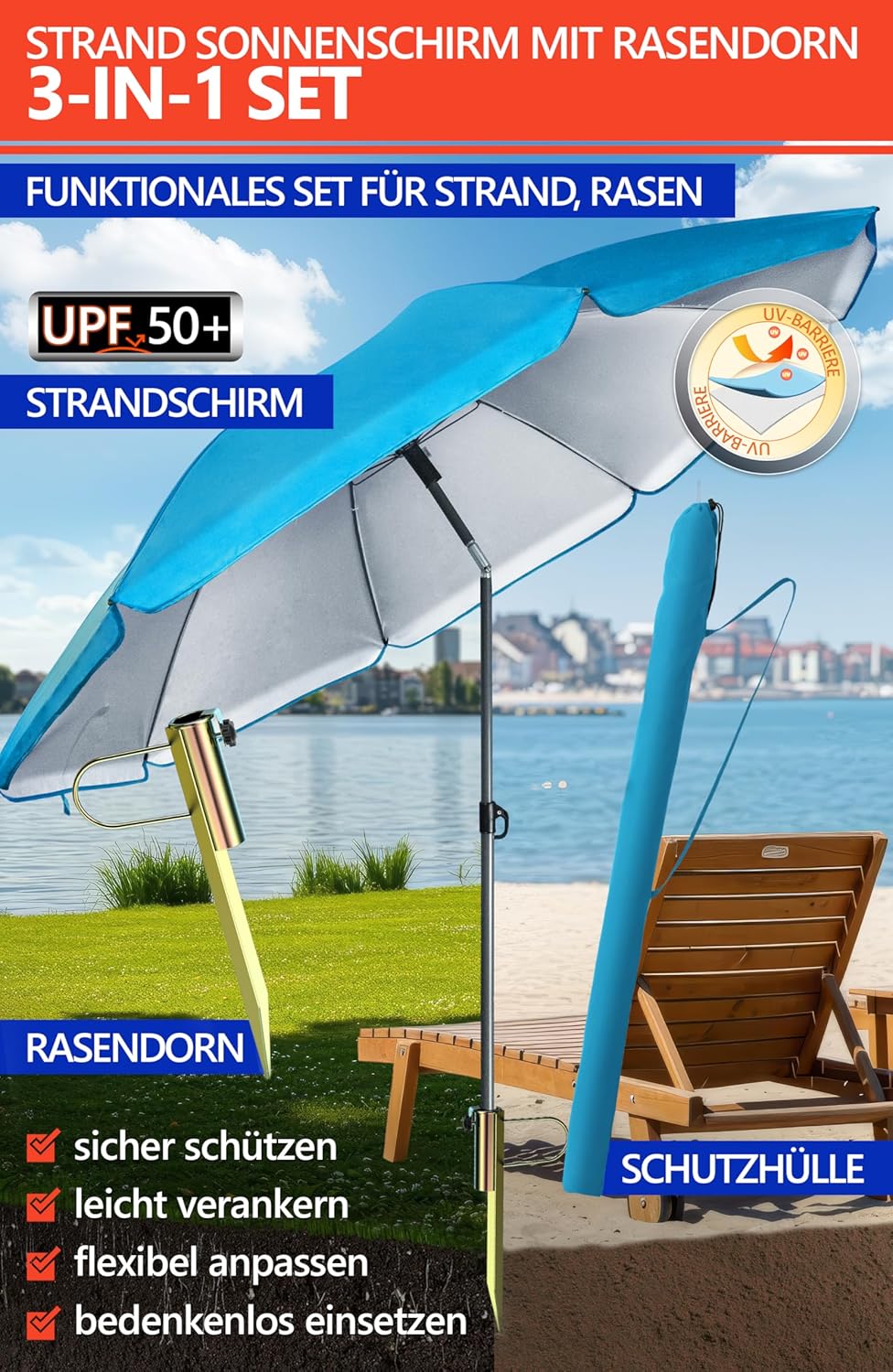 4smile Sonnenschirm Strand SunnyJoy Ø 160 cm, Blau – 3er Set inkl. Strandschirm windfest stabil, Ras