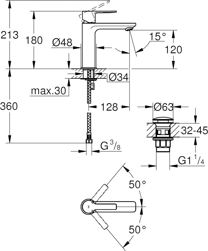 GROHE Lineare , Badarmatur - Waschtischarmatur , S-Size, glatter Körper, supersteel , 23106DC1 Edels