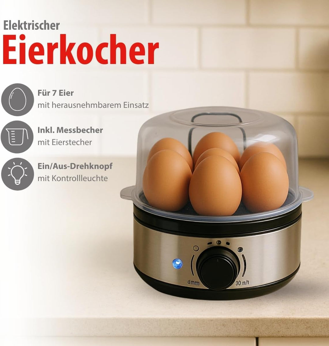 alpina Eierkocher 400W – Egg Cooker für 7 Eier – Eier Kocher mit Zeitschaltuhr und Messbecher – Edel
