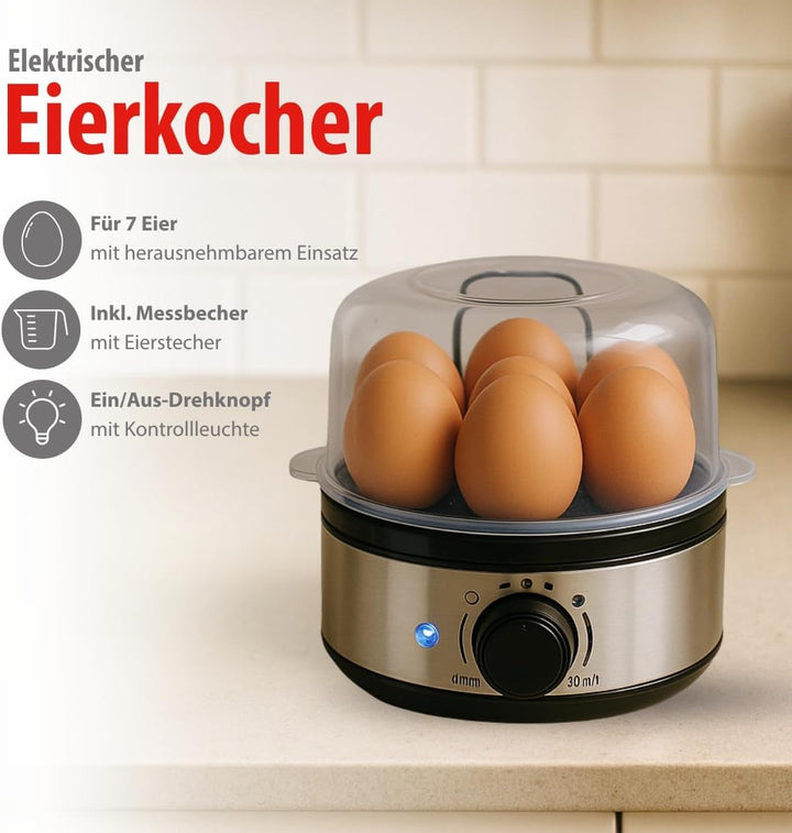alpina Eierkocher 400W – Egg Cooker für 7 Eier – Eier Kocher mit Zeitschaltuhr und Messbecher – Edel