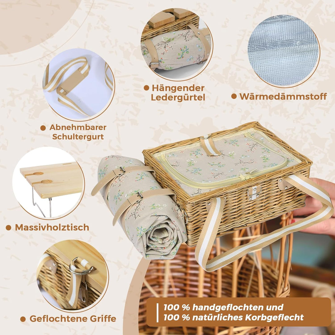 Picknickkorb-Set mit Klapptisch und Besteck-Set, Picknickkorb für 4 Personen mit kühltaschen, Flecht