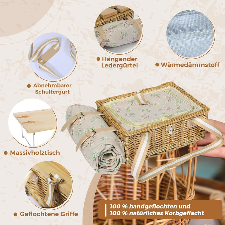 Picknickkorb-Set mit Klapptisch und Besteck-Set, Picknickkorb für 4 Personen mit kühltaschen, Flecht