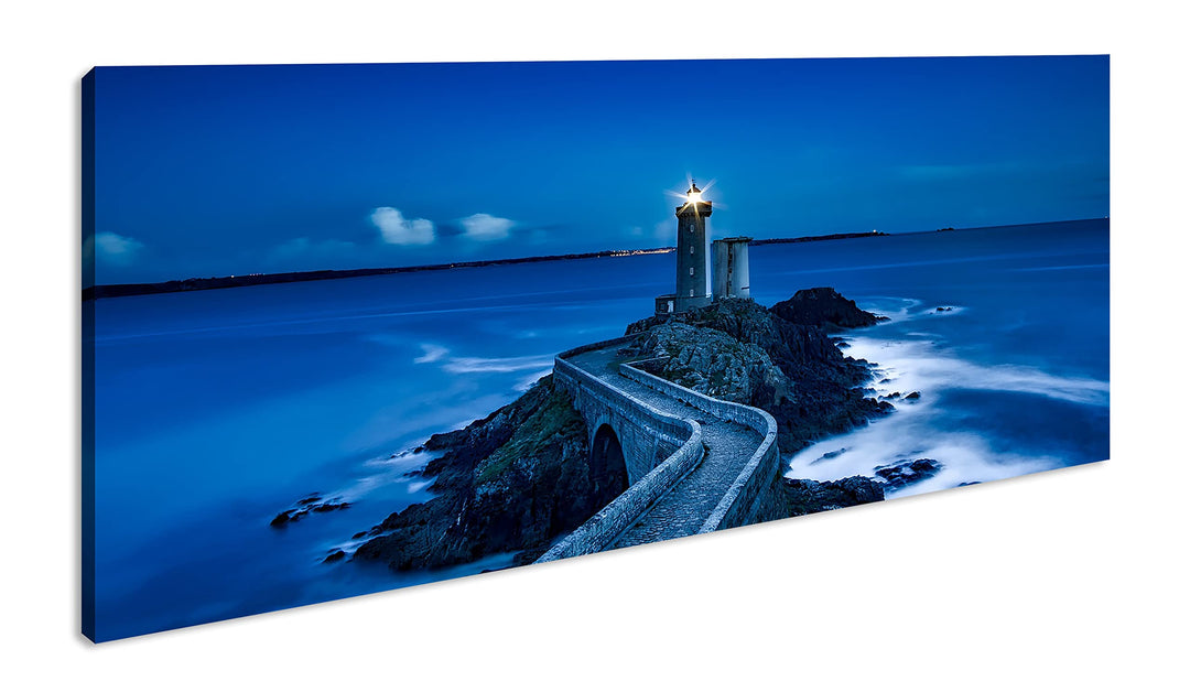 Leuchtturm bei Nacht Panorama 120x60 cm als Leinwandbild, Motiv fertig gerahmt auf Echtholzrahmen, H