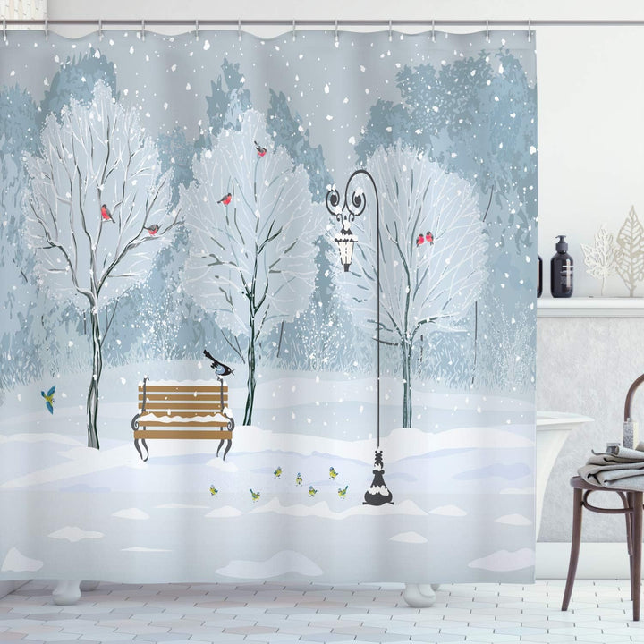 ABAKUHAUS Winter Duschvorhang, Schnee in Park Weihnachtsbaum, Stoffliches Gewebe Badezimmerdekoratio