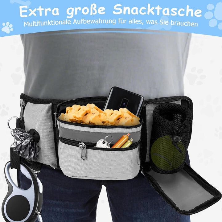 Leckerlibeutel Hundetraining, Robuste Bauchtasche mit Kotbeutelspender, Flaschenhalter, Reflektor &