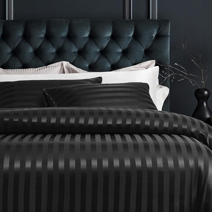 Damier Bettwäsche 155x220cm Schwarz Satin gestreift Bettwäsche Set Seidig glänzend hochwertiges Glan