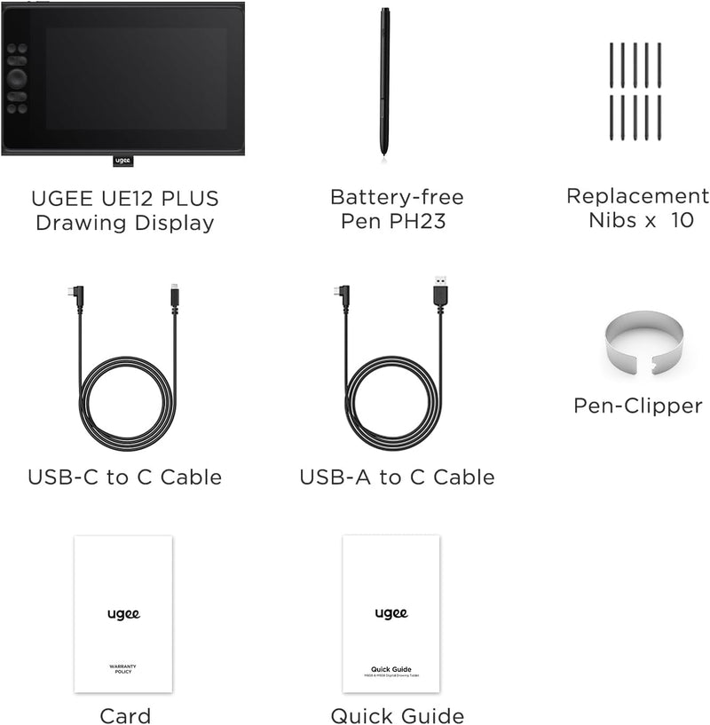 ugee UE12 Plus 11,9 Zoll Grafiktablett mit Display,Pen Display mit 147% sRGB Ultra-Wide Color Gamut