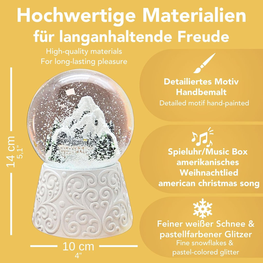 Weihnachts-Schneekugel mit Musik | Berglandschaft mit Brücke | Sockel weiss Ornament | 100mm breit,