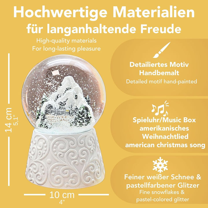 Weihnachts-Schneekugel mit Musik | Berglandschaft mit Brücke | Sockel weiss Ornament | 100mm breit,