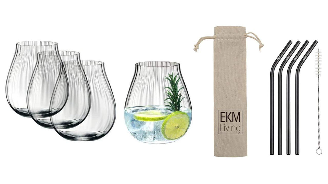 Riedel O 5515/67 Gin Tonic Optical Gläser Set 4 Stück + Gratis 4er Set EKM Living Edelstahl Strohhal