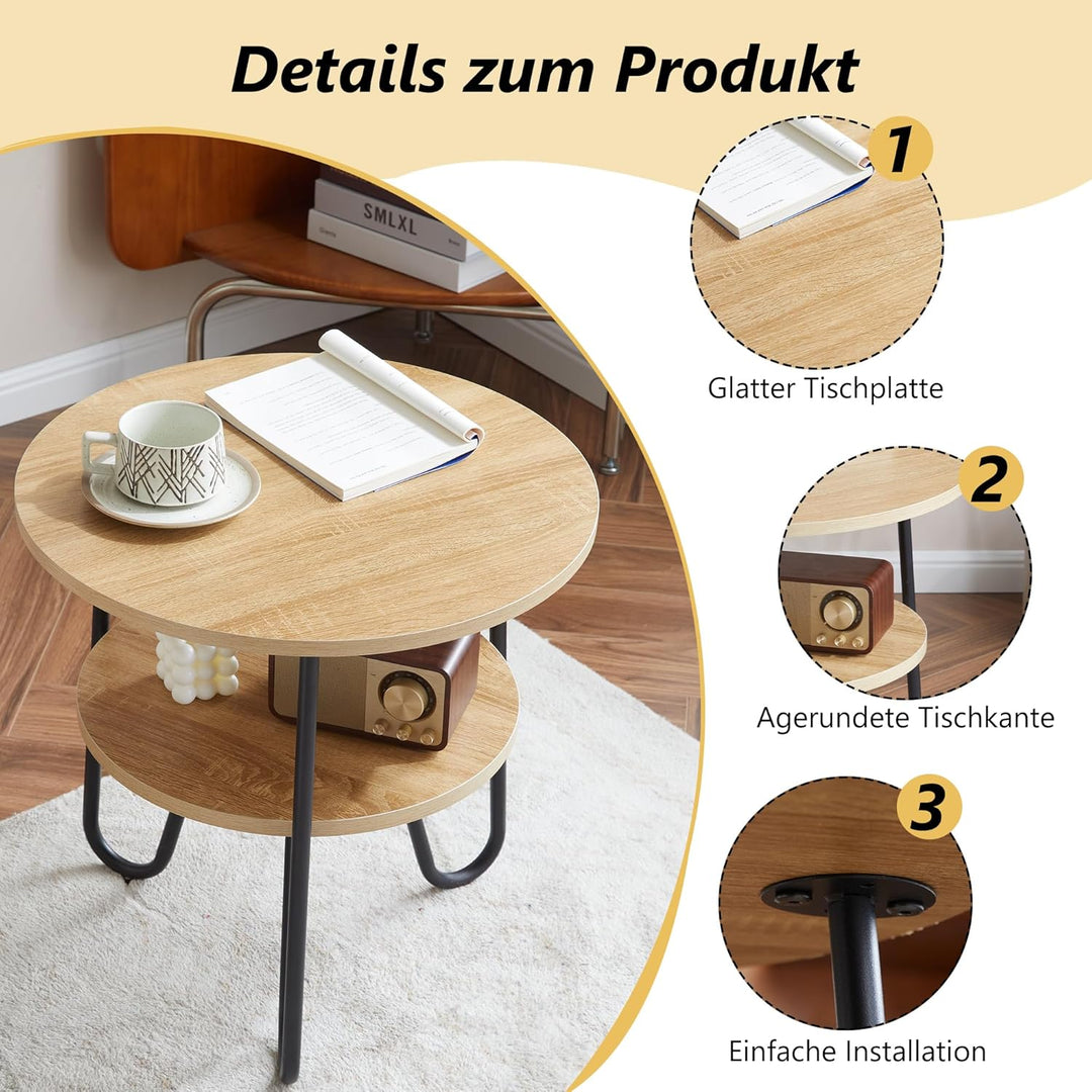 Mingone Couchtisch Rund Beistelltisch 2 Ablagen Sofatisch Modern mit Stauraum Kleiner Tisch für Wohn