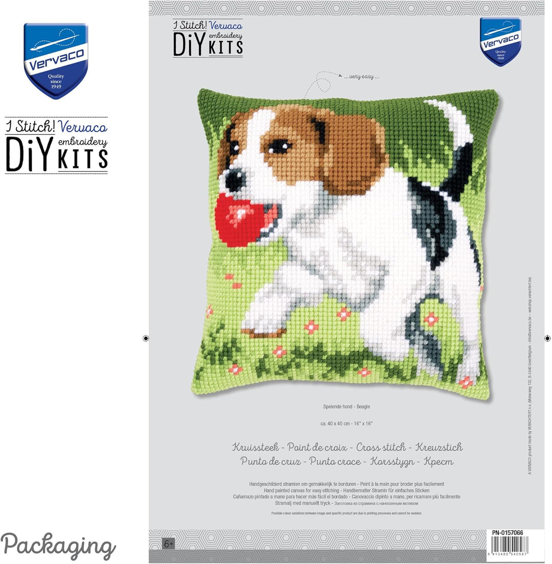Vervaco Kreuzstichkissen Beagle Kreuzstickpackung vorgedruckt, Stramin, weiss, 40 x 40 x 0,3 cm